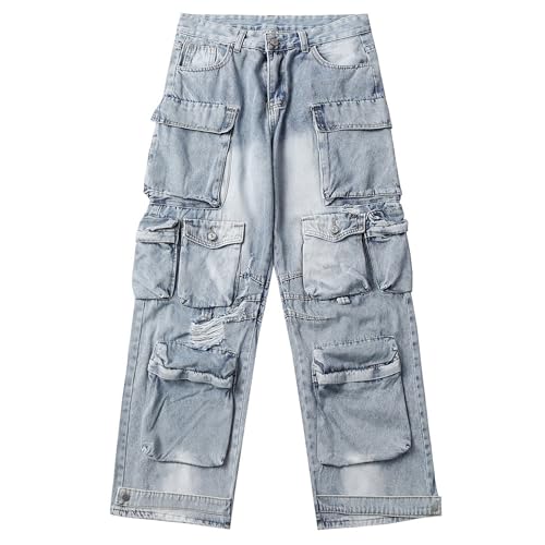 XYXIONGMAO Men's Blue Techwear Streetwear Overalls Joggers Multi-Pocket Cargo Pants Pleated Vintage Loose Hip Hop Sweatpants