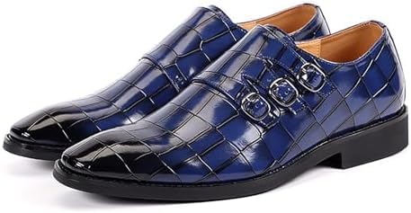 Men's Printed Oxford Dress Shoes, Stylish Metal Buckle Comfortable Slip-on Pointed Toe Dress Shoes Business Wedding Slip-on Men's Loafers (Blue,9.5)3