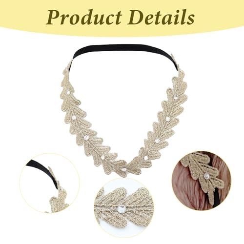 Baptism Headband for Baby Girls, Gold Lace Leaf Headband Elastic Hairband Rhinestone Tiara Headpiece Baby Baptism Christening Hair Accessories for Baby Girls Toddlers Newborn Infants2