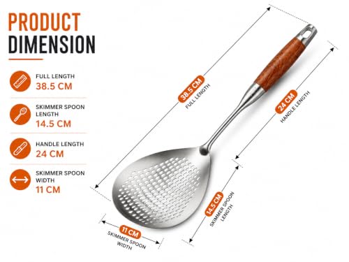 Image of 304 Stainless Steel Cooking Skimmer Jhara with Long Wooden Handle, Heavy Duty Spider Strainer Slotted Spoon for Deep Frying, Oil Draining, Pasta, Noodles, Pakora, Puri & Fries Cooking (Pack of 1)
