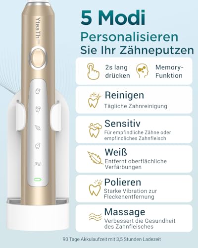 Elektrische Zahnbürste für Erwachsene - Schallzahnbürsten mit 8 Zahnbürstenköpfen (3 Typen) und 2 Minuten Smart Timer… – Ansicht 5