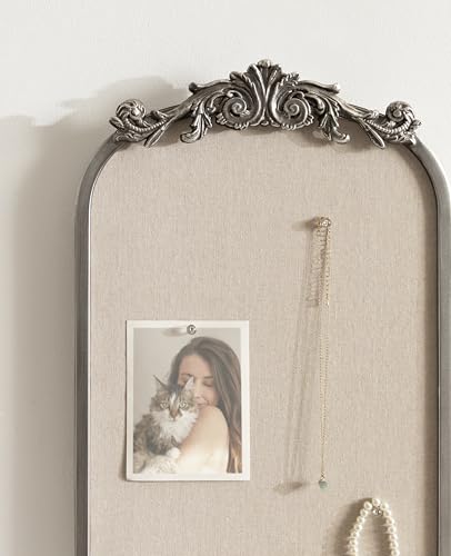 Image of Kate and Laurel Arendahl Arch Pinboard; 13 x 25; Silver; Framed Arched Ornate Vintage Cork Board for Use as Motivational Vision Board or Wall Organizer