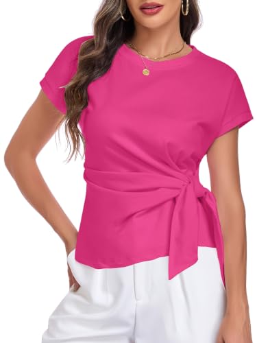 Image of HOTIAN Womens Cap Sleeve T Shirts 2026 Tie Waist Wrap Tops Crew Neck Blouses Dressy Casual Loose Work Business Dressy