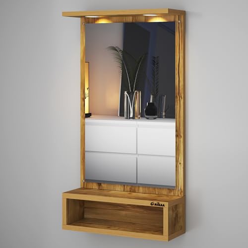Image of Anikaa Jinny LED Light Wall Hanging Dressing Mirror Home Decor Wall Mirror Decorative Wall Mirror for Living Room Bedroom - Gaintwood (D.I.Y - Do-It-Yourself), Rectangular, Brown