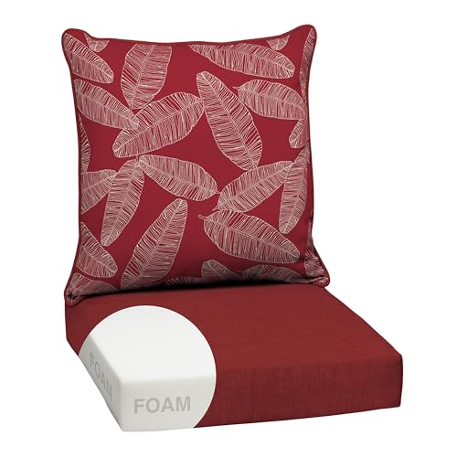 Image of Arden Outdoor Foam Deep Seat Cushion Set, 24 in x 24 in, Weather-Proof, Rain-Proof, Fade Resistant Patio Cushion, Bottom and Back Cushion for Chair, Sofa, and Couch Red Leaf Palm