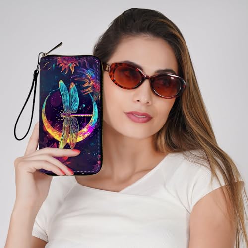 Ladies Wallet,Clutch Purses for Women Wallets Leather Credit Card Holder for Women Wristlet Slim Small Cute with Zipper,Thin RFID Blocking with Wrist Strap,Glitter Dragonfly Moon2