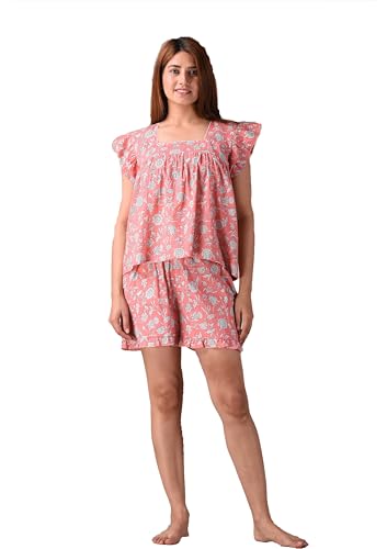 Image of Women Pure Cotton Printed Top & Shorts Set, Nightwear, Nightsuit Set, Sleepwear, Loungewear (Combo of Top and Shorts)