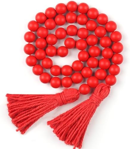 RAMIRABI Wood Beads Garland with Tassels Farmhouse Beads Rustic Prayer Beads Boho Beads for Boho Home Decor,Wall Hanging Decoration (Red)