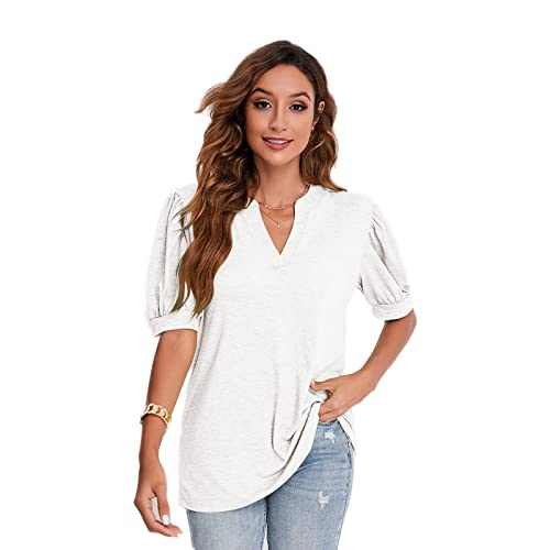 Tshirt Damen T-Shirt Sommer Puffärmel Bluse Kurzarm V Ausschnitt Oberteil Basic Shirt Casual Top Cover
