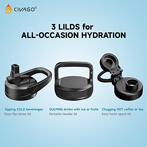 Civago 32 Oz Insulated Water Bottle With Straw, Stainless Steel Sports Water Cup Flask With 3 Lids (Straw, Spout And Handle Lid), Wide Mouth Travel Thermo Mug, Black Leopard #TOP1