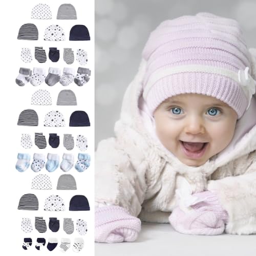 15 Pieces Newborn Cap Mitten Sock, Newborn Hats, Baby Mittens Gloves Infant Socks for 0-6 Months Unisex Baby Boys Girls, Type 24