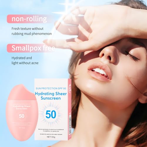 Image of Sunscreen SPF 50+ 50g, Hydrating Sheer Face Sunscreen, Waterproof & Lightweight Water Gel, Non-Greasy, No White Cast, for Sensitive Skin Daily Use