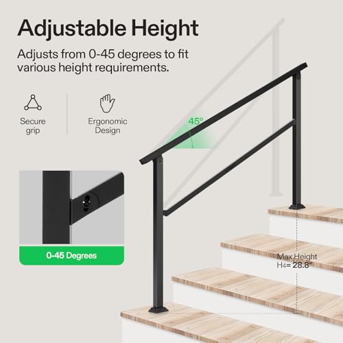 Image of VIVOSUN Outdoor Handrail, 4 Step Stair Handrail, 54 inch x 36 inch Fits 1 to 4 Steps, Wrought Mattle Iron Handrail for Concrete Steps, Porch Steps, One-Step Assembly, Black | Sturdy wrought iron handrail for elderly and family; rustproof black; full hardware included; for porch, deck, concrete steps