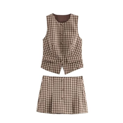 Women's Office Plaid Suit Single Breasted Sleeveless Blazer Zipper Straight Shorts2