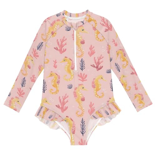 ALAZA Seahorse Coral Reef Bubble Girls One Piece Swimsuit Long Sleeve Rash Guard Swimsuits UV 50+ Swimwear Zipper