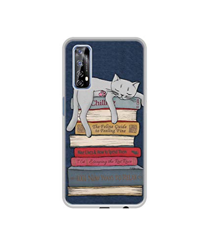 Image of Casotec Cat Sleeping On The Books Design Printed Silicon Soft TPU Back Case Cover for Realme 7 / Narzo 20 Pro, Multicolour