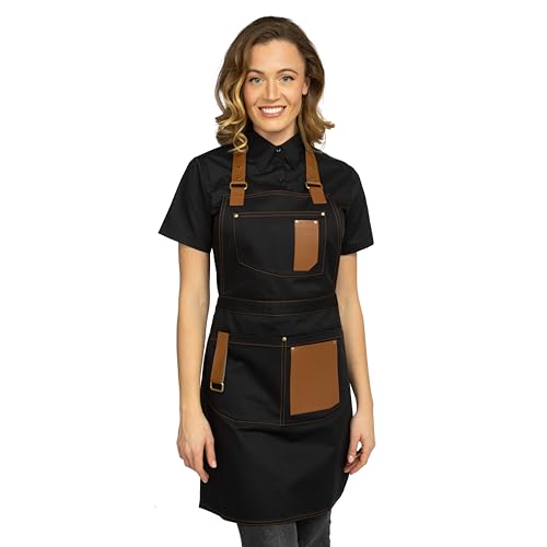 PALLTEX GERARD Kochschürze Herren & Damen Grillschürze – Küchenschürze mit Taschen & Ökoleder – Verstellbare Schürze für Barista, Koch, Gastronomie & Grill (Schwarz, L/XL)