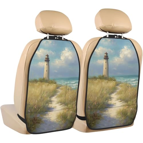 Coastal Lighthouse Car Seat Back Kick Protectors,2 Pack Kick Mats with Storage Pockets for Vehicles to Protect from Dirt Mud Scratches