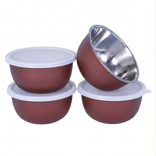 Image of Zaib Microwave Safe Stainless Steel Plastic Coated Euro Bowl Set of 4 for Re-Heating, Serving Snacks, Curries etc. 500 ML Each (Dark Brown)