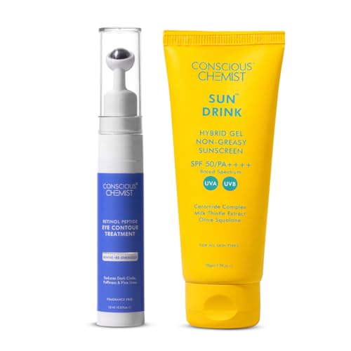 Image of Conscious Chemist Sunscreen SPF 50 & Under Eye Cream Combo | Protects from UV Damage, Reduces Dark Circles & Fine Lines | With Ceramides & Peptides for Brighter, Youthful Skin | For Men & Women, All Skin Types (Pack of 2)