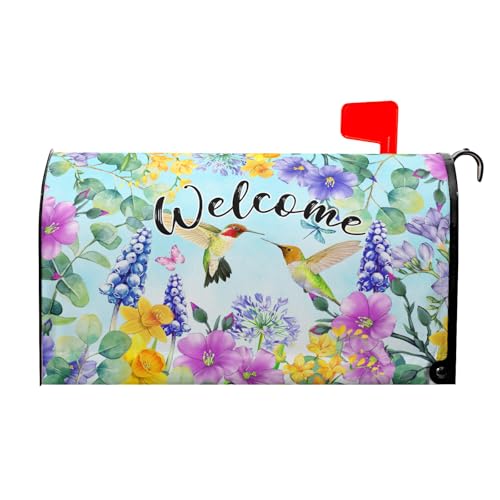 Image of Spring Summer Flowers Mailbox Covers Magnetic Large Size 25x21 Inch Cherry Blossom Mailbox Cover Spring Hummingbird Mailbox Wraps Post Letter Box Cover Decoration for Outdoor Garden Home Yard Outside
