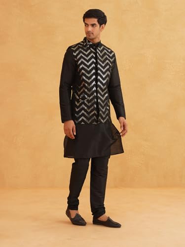 Image of SOJANYA (Since 1958 Men's Silk Blend Black Kurta Pyjama With Black Zigzag Nehru Jacket