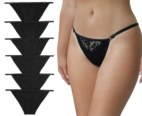 Nabtos Women&rsquo;s Cotton Panties Black Set Floral Lace Adjustable Strap String Bikini Underwear Low...