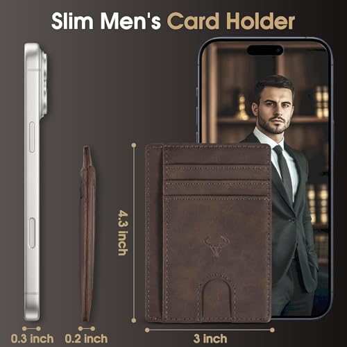 Image of Contacts Genuine Leather Slim Wallet | RFID Blocking Skinny Minimal Thin Front Pocket Wallet Sleeve Card Holder for Men | Up to 7 Card Slots Including 1 ID Window (Hunter Brown)