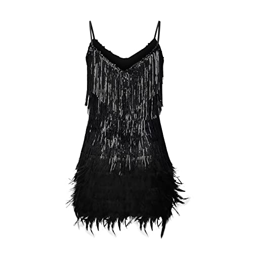 Afelkas Dresses For Women 2023 Solid Sling Feather Fringe Sequin Dress Bodycon Deep V Neck Sexy Mini Dress Party Cocktail Black #TOP4