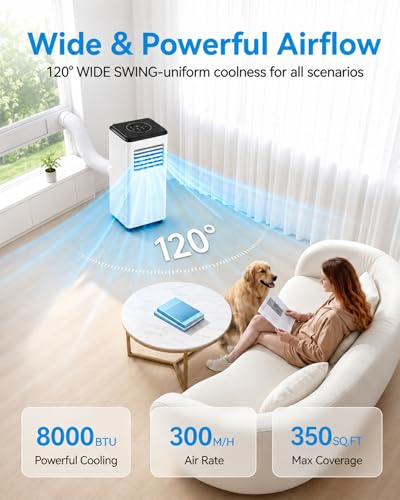 Image of 8000 BTU Portable Air Conditioner, 5-in-1 Portable AC Unit Cools Up to 350 Sq.Ft, Quiet Portable AC with Cool, Fan, Dehumidifier, Sleep, Remote, 24H Timer, Window Kit for Bedroom Apartment