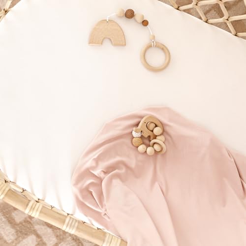 Image of GRSSDER Stretchy Ultra Soft Fitted Bassinet Sheet 2 Pack, Universal Fit for Bassinets Baby Cradle Moses Basket Oval Rectangle Mattress Safe and Snug, Jersey Bassinet Sheets for Girls, White /Pink