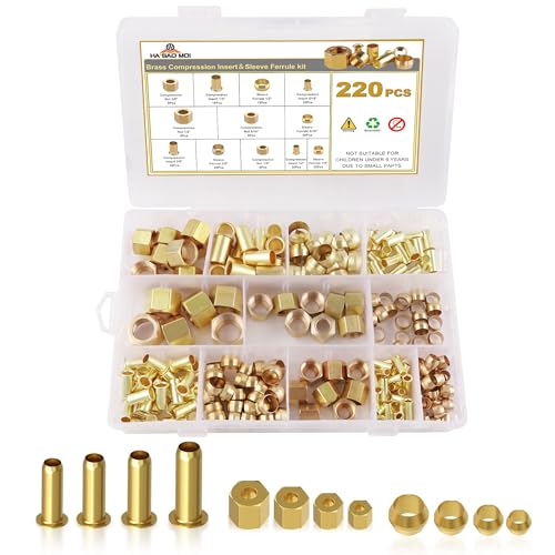 HASAOMOI 220PCS Compression Fittings Assortment kit - 4 sizes (1/4", 3/8", 5/16", 1/2") of Brass Compression Sleeve Ferrule, Insert and Nuts,Connect Lines for Air,Water,Fuel,Oil and Inert Gases