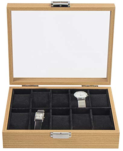 LAUBLUST Uhrenbox Holz-Optik 10 Fächer - ca. 26 x 21 x 7 cm, Naturbraun | Uhrenkasten mit Glas-Deckel Cover