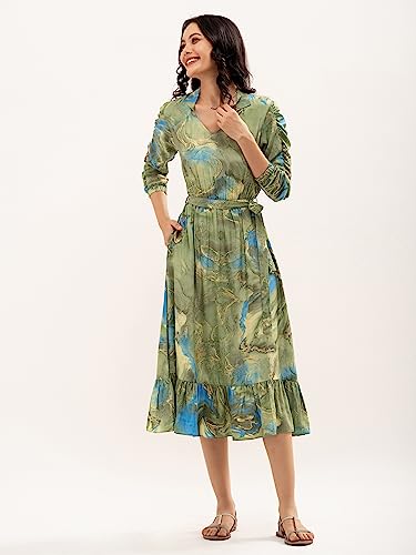 Image of AASK Abstract Printed Puff Sleeve Gathered Detailed Fit Flare Dress