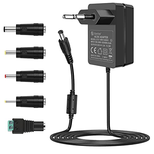 Gonine 9V 1.5A Adattatore di alimentazione AC/DC Positivo centrale 5,5 mm x 2,1 mm con 5 punte selezionabili per Arduino UNO R3, router, bilancia da cucina, bici Schwinn, trainer ellittico, ecc.