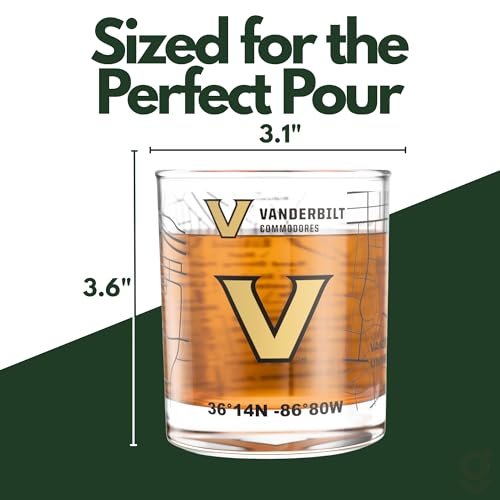 Image of Greenline Goods Vanderbilt University Commodores Whiskey Glasses Set of 2, 10 oz Rocks Glasses with Full-Color Logo & Campus Map - Officially Licensed Bourbon Glass Gift for Alumni & Fans