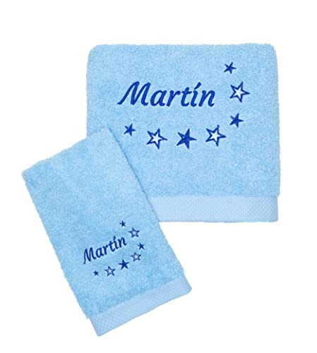 CARREDANA Toallas Bordadas Personalizadas con puntilla (Personaliza Nombre,Tipo de Letra, puntilla y Color) (Azul Cielo)