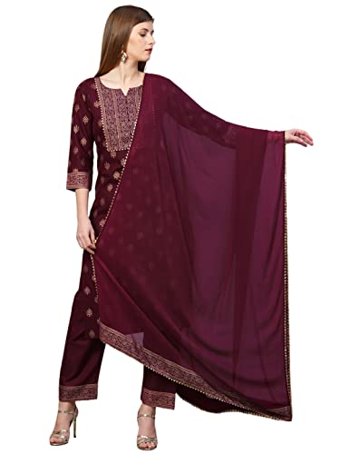 Image of GoSriKi Women's Cotton Blend Printed Straight Kurta with Pant & Dupatta