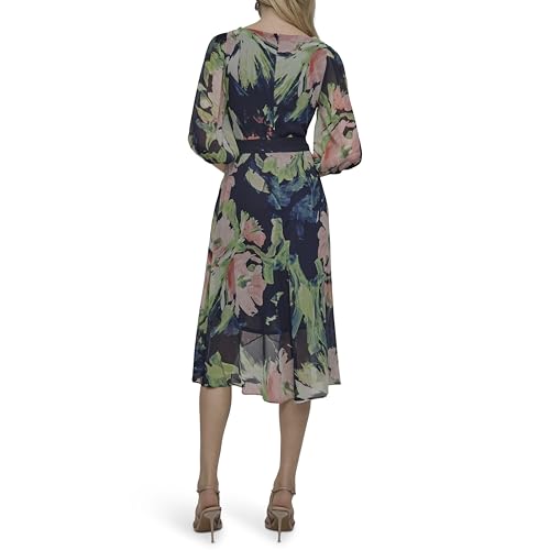 dkny balloon sleeve chiffon midi dress DKNY Women's Balloon Sleeve Faux Wrap Midi Dress