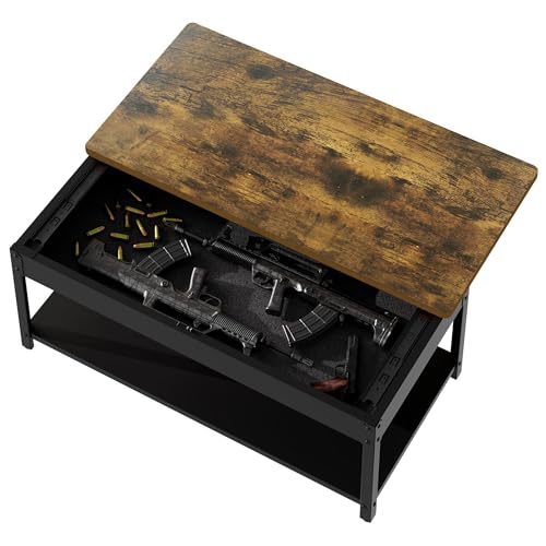Gun Safe Hidden Compartment Furniture - Modern Coffee Table with Hidden Gun Storage Biometric Sliding Top Coffee Tables for Living Room (47.25", Brown)