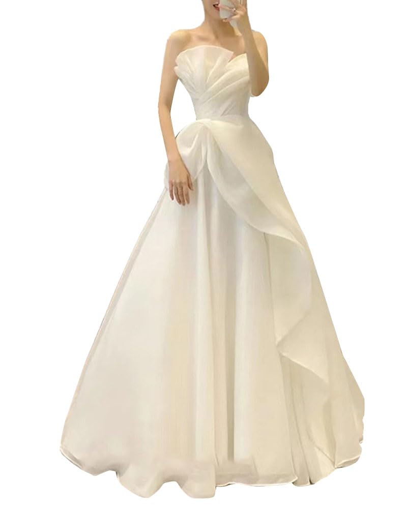 DAIHAN Mujer Vestido de Novia Bandeau para Boda Fotografía de Vestido Largo hasta el Suelo Elegante para Fiesta Formal de Noche Vestido Largo de Cóctel con Hombros Descubiertos
