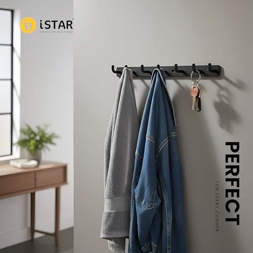 Image of iSTAR Stainless Steel 8 Pin Bathroom Cloth Hooks Hanger Door Bathroom Robe Hooks Rail for Hanging Keys,Clothes,Towel Steel Hook (Black) (Pack of 1)
