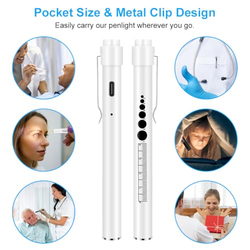 flintronic 2PC Pupillenleuchte Medizin, Diagnostikleuchte Krankenschwester Rettungsdienst Zubehör mit Pupillenmessgerät & Lineal, Aufladbar USB LED Stiftlampe für Krankenschwester Studentische Ärzte