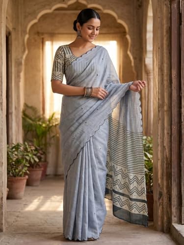 Image of Linen Cotton Saree with Black Mirror Work | New