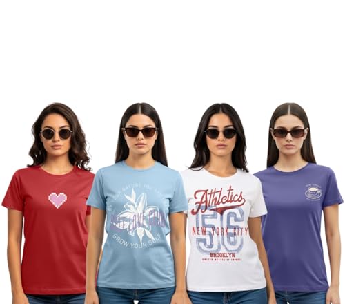 Image of Cotton Blend Regular Fit Half Sleeve Printed Round Neck Multicolor Drop Shoulder T-Shirt for Womens & Girls (Pack of 4)