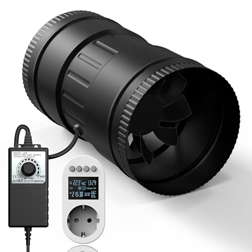 Brogachy Ajustable Extractor de aire 100 mm,Ventilador de extracción 221 m³/h, Toma de corriente con temporizador, retardo y sensor de temperatura y humedad, para tiendas de crecimiento,ventilación