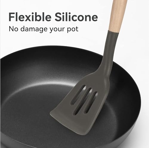 Image of Silicone Spatula Set, Spatula Set with Wooden Handle for Cooking and Mixing, for Non Stick Pan, Kitchen Tools Set of (5, Grey)