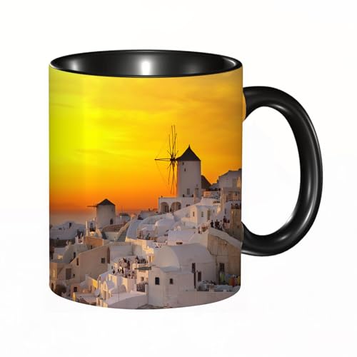 HRRASFAZF Tasse à Café | Tasse Céramique Fine | Cadeau Original | 330ml | Mug avec Anse | Cadeau Original pour Homme et Femme | Grèce, coucher de soleil sur le village d'Oia sur l'île de Santorin