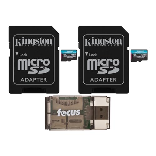 Kingston 128GB MicroSDXC Canvas Go Plus Memory Card (2-Pack) Bundle with All-in-One High Speed USB 2.0 Card Reader Compatible with Mac and PC Systems (3 Items)