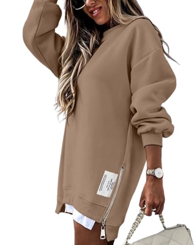 CHICME Womens Long Sleeve Sweatshirt Oversized Sweatshirts Pullover Winter Fall Outfits Fashion Brown-S